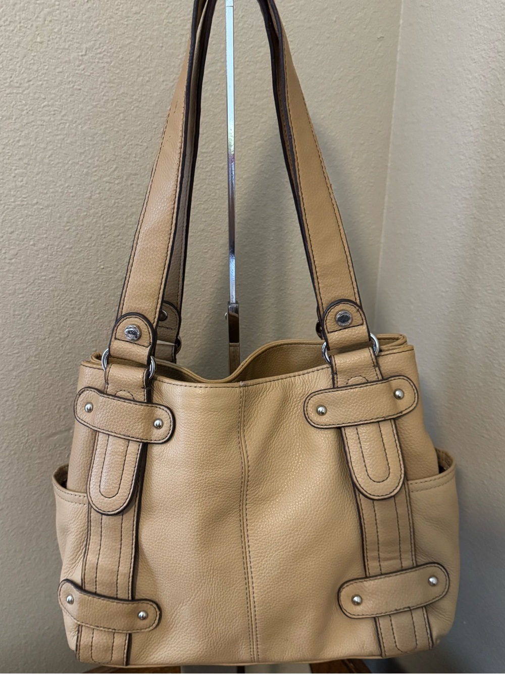 TIGNANELLO Perfect 10 Studded Tan Pebble Leather Shopper Bag with Three Sections